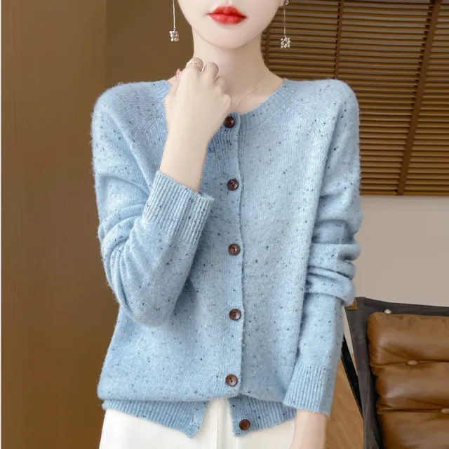 Women's Pure Wool Sweater Loose Round Neck Fashion Coat Blue - Shop at LoveMi
