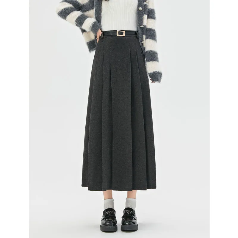 Autumn And Winter New Mid-length High-waisted Slimming A-line Maxi Skirt With Drape - Dark Gray