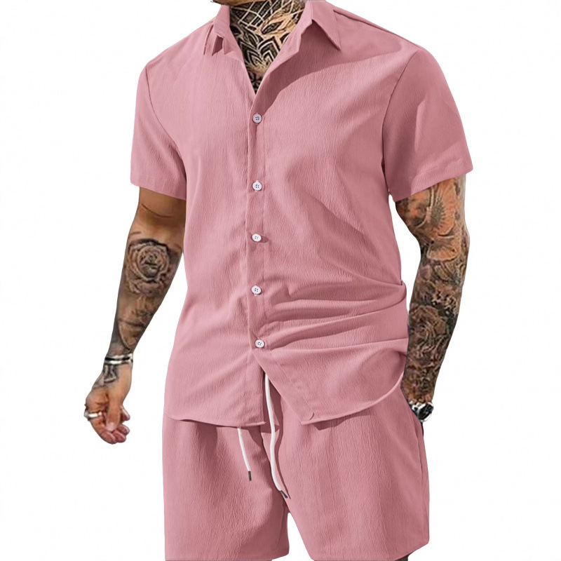 Mens Solid-Color Lapel Short-Sleeve Shirt Set product image