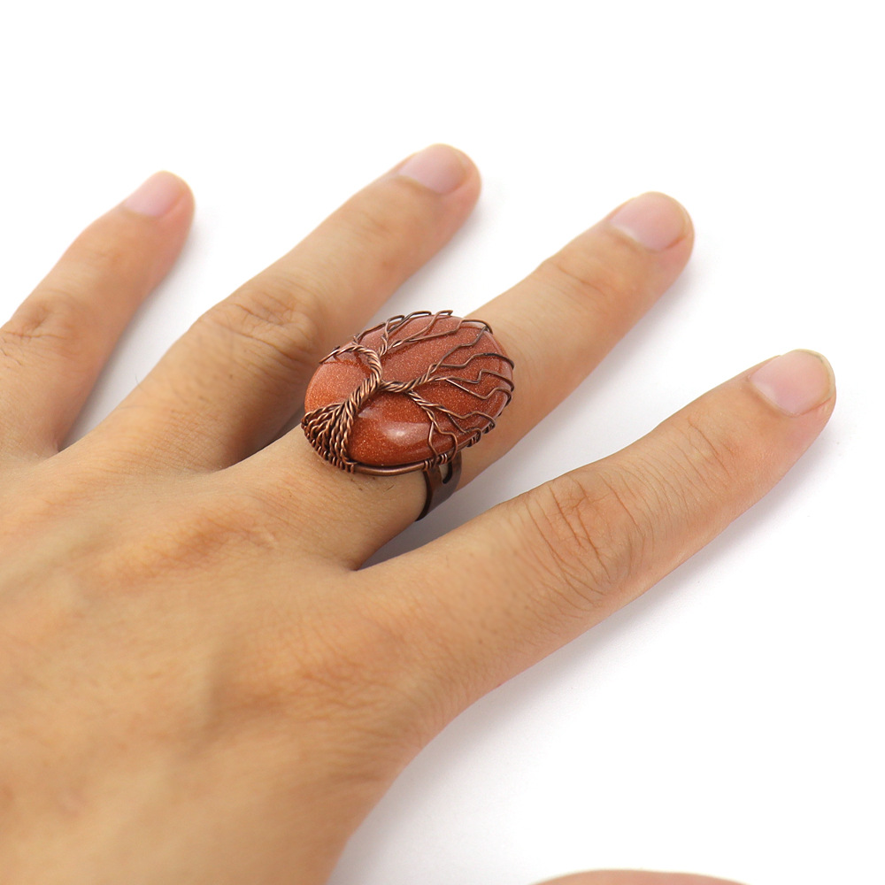 Handmade Wrapping Oval Egg-shaped Agate Lucky Tree Ring For Women