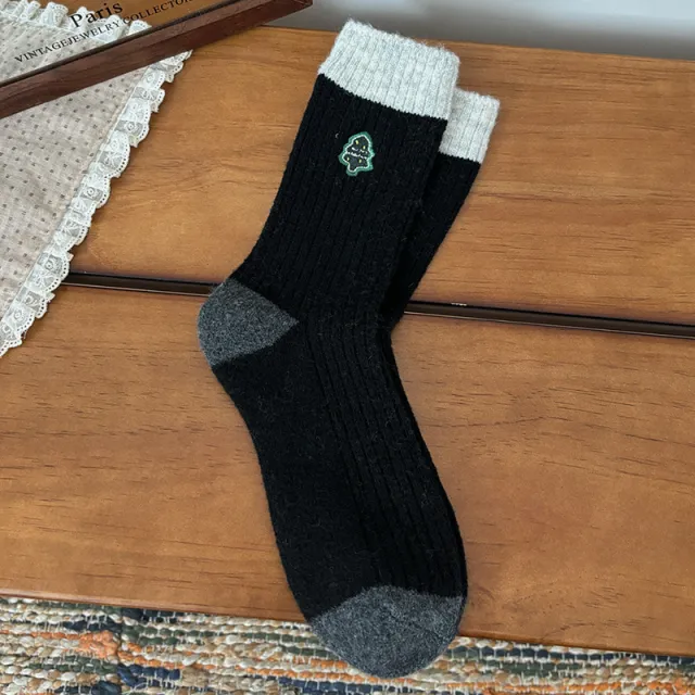 Cute Retro Embroidered Christmas Wool Mid Calf Socks Small Black Tree - Shop at LoveMi