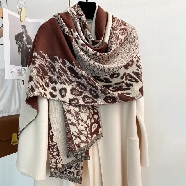 Autumn And Winter Color blocking Leopard Print Thick Warm Temperament Shawl Atmosphere Scarf Dark Brown - Shop at LoveMi