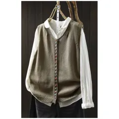 Spring And Autumn Outer Wear Solid Color And V-neck Color Buckle Knitted Cardigan Vest Vest For Women - Pickle Color-3Xl - View 1