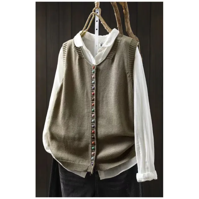 Spring And Autumn Outer Wear Solid Color And V neck Color Buckle Knitted Cardigan Vest Vest For Women Pickle Color 3Xl - Shop at LoveMi