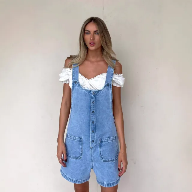 Women's Suspender Trousers Slim Straight One piece Denim Blue - Shop at LoveMi