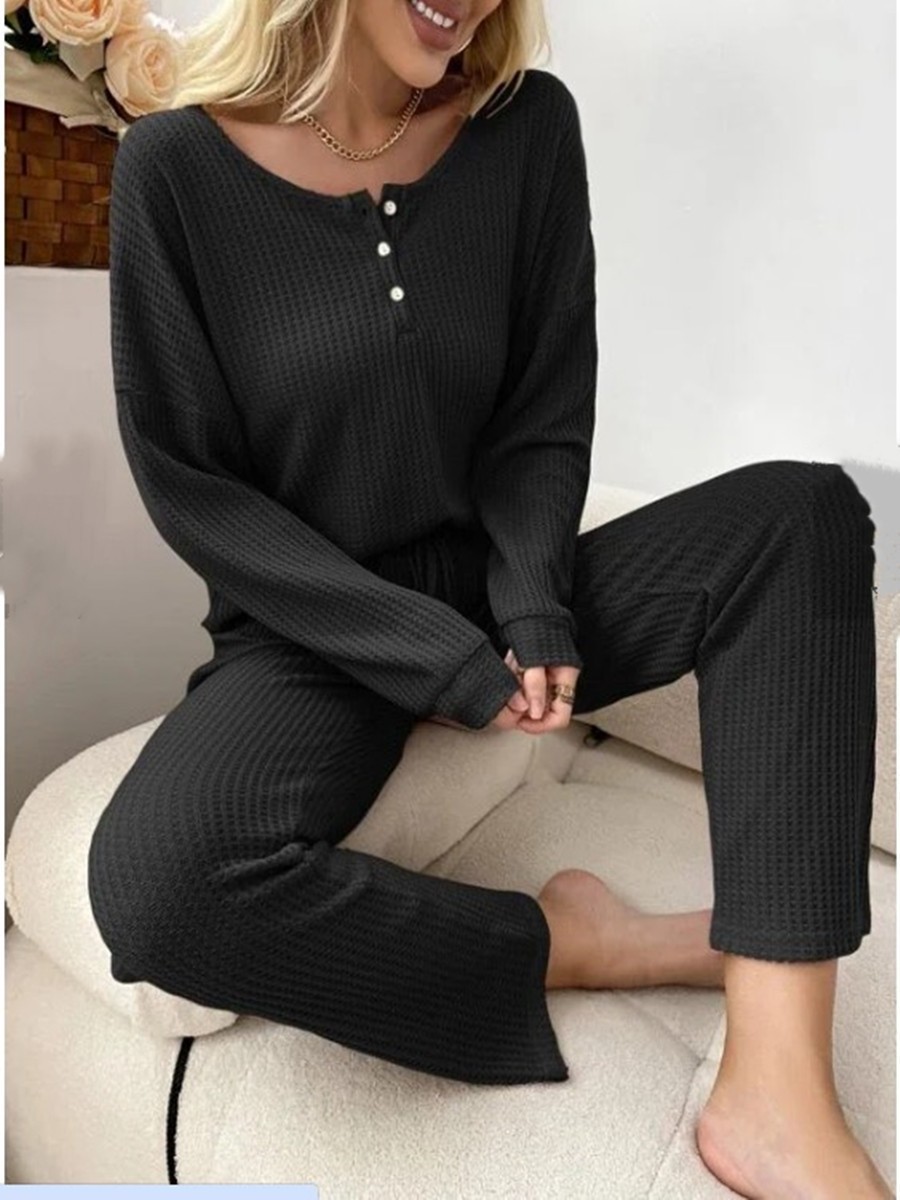Solid Color Fashion Casual Long Sleeve Pants Two piece Set Black - Shop at LoveMi