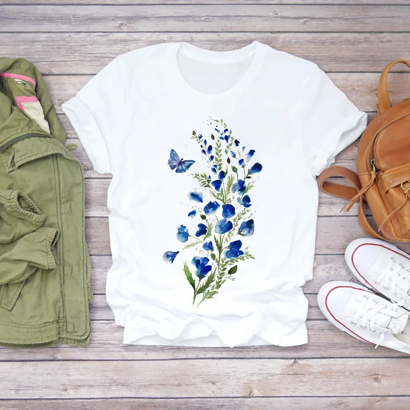 Top New Cactus Floral Print T-shirt Loose Round Neck Short Sleeve T-shirt - White 5