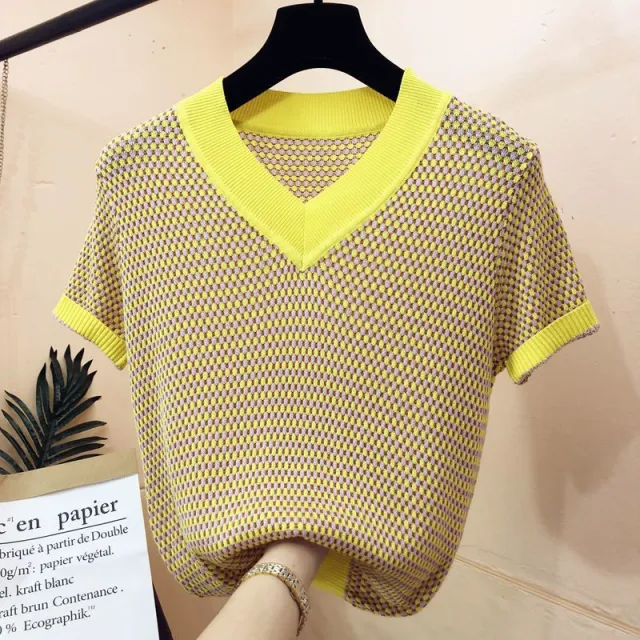 Summer Ice Silk Short sleeved T shirt Women's Sweater Fine Plaid V neck Bottoming Shirt Top Yellow - Shop at LoveMi