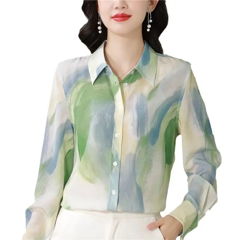 Chinese Ink Painting Style Printed Faux Silk Shirt