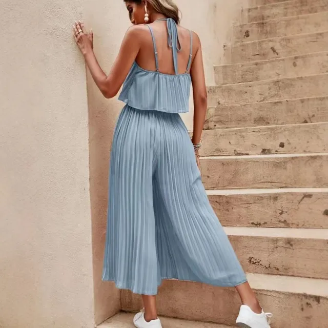 Camisole Tube Top Pleated Loose Fashion Jumpsuit Sky Blue - Shop at LoveMi