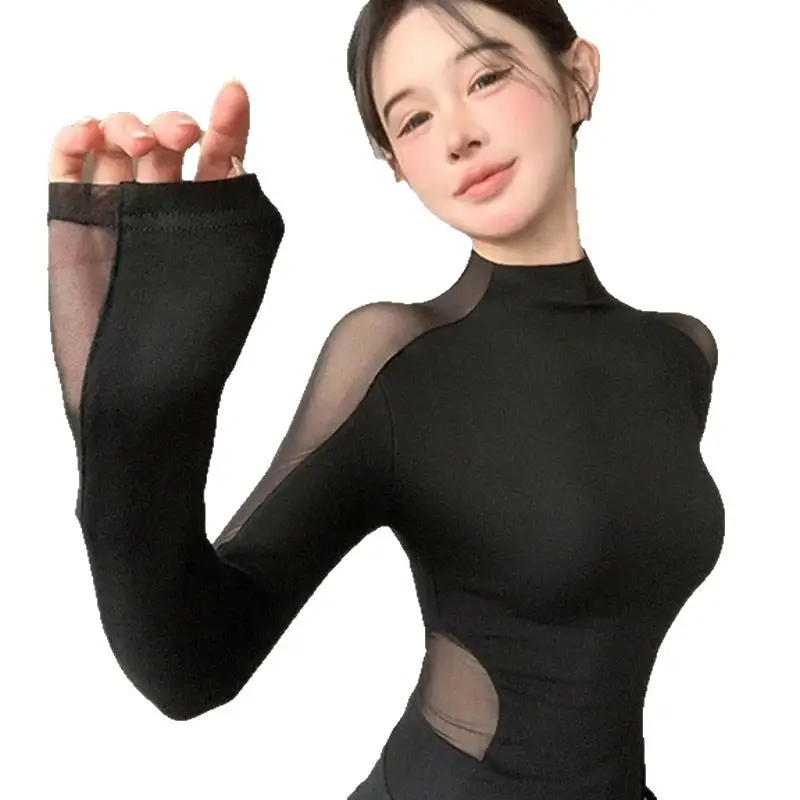 Mesh-spliced Womens Tight-fitting Long-sleeve T-shirt