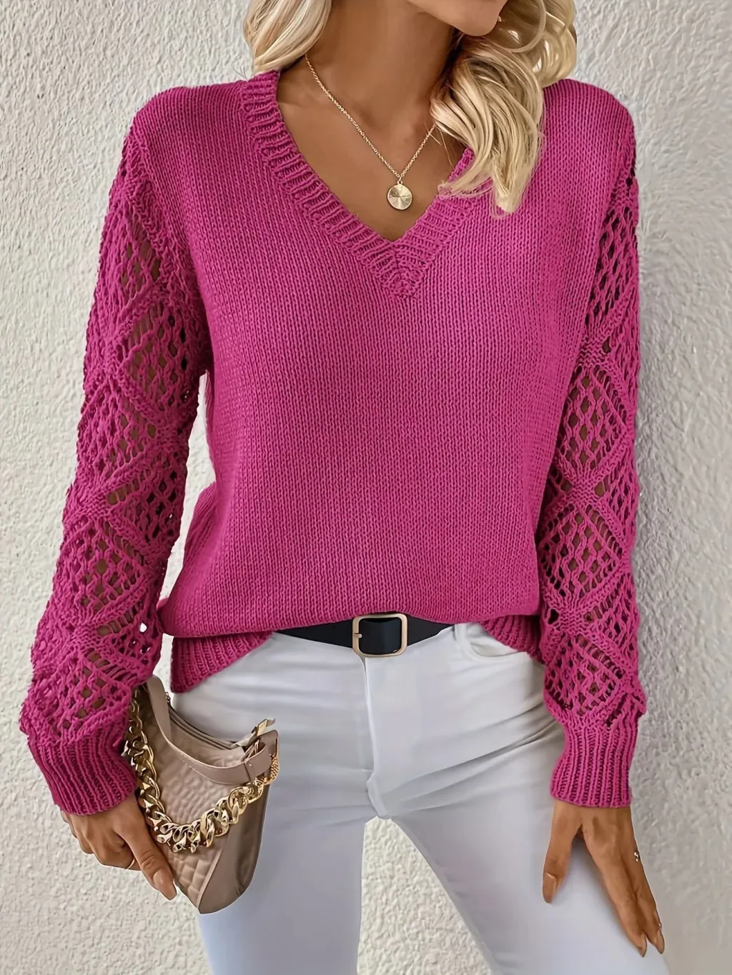 Loose Hollow Knitted Sweater Long-sleeved Pullover V-neck Top Women's Clothing - Red