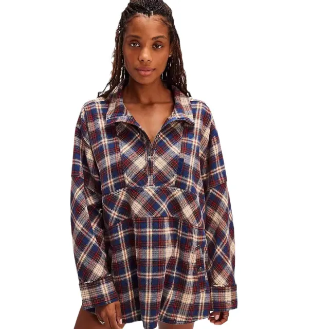 Women's Half zip Flip Collar Loose Pocket Plaid Long Sleeve Shirt Purple - Shop at LoveMi