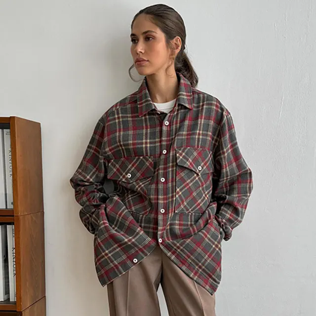 Retro Plaid Women's Shirt Minimalist Long Sleeve Plaid S - Shop at LoveMi