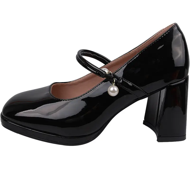 Square Toe Chunky Heel Pumps with Buckle Strap