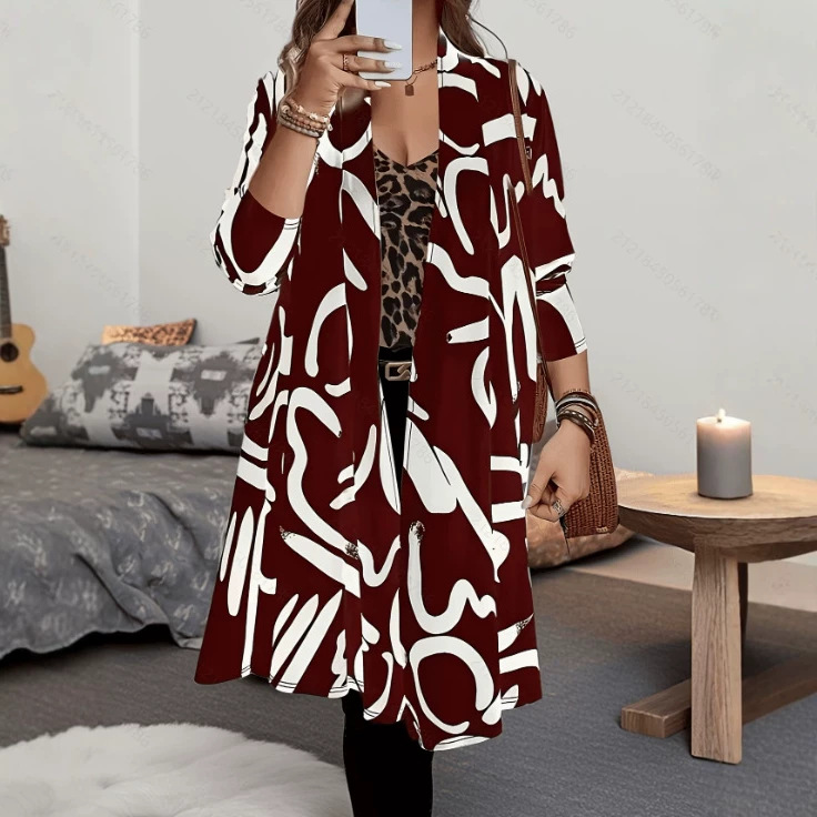 Versatile Cardigan Loose-fit Long-length Coat With A Printed Design