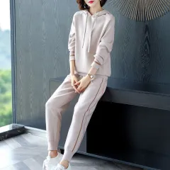 Sports And Leisure Suit Korean Style Loose Slimming Temperament Hooded Sweater Two-piece Set - Lavender Light Purple - View 1