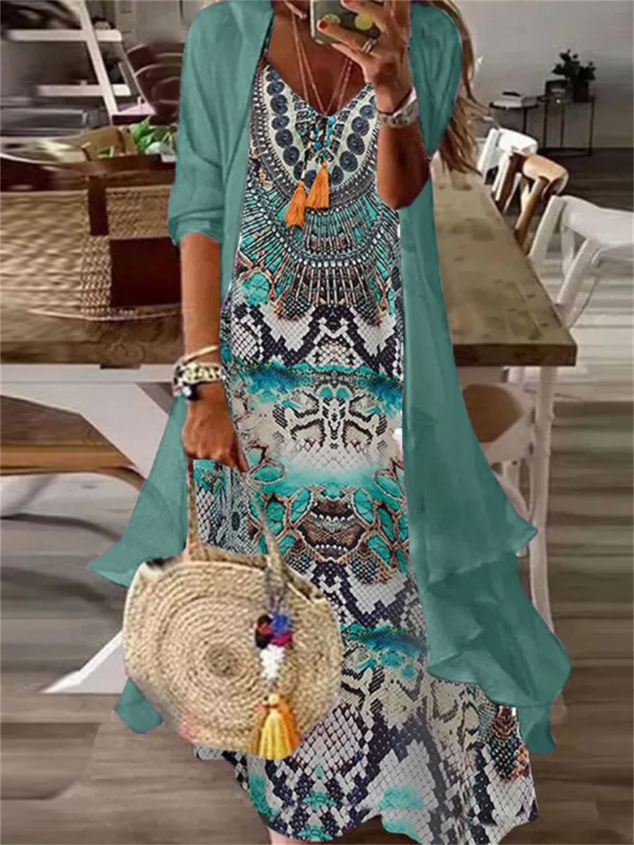 Two Piece Set Of Half Sleeved Printed Casual Retro Sexy Dress - 1Color