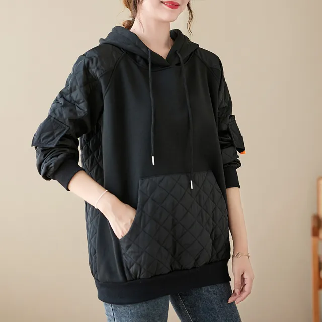 Autumn And Winter Stitching Quilted Loose Hooded Sweater Black - Shop at LoveMi