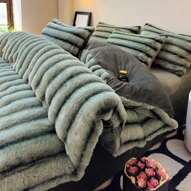 Milk Fiber Thick Rabbit Fur Four piece Set Autumn And Winter Warm Comfortable Breathable Fluffy Delicate Army Green - Shop at LoveMi