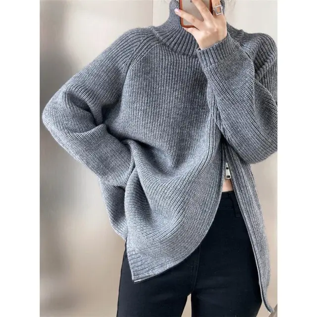Double headed Zipper Turtleneck Sweater Coat Loose Plus Size Knitwear Gray - Shop at LoveMi