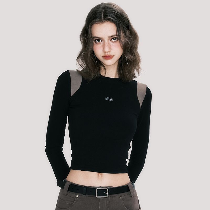 Autumn New Contrast Color Waist-controlled Long Sleeves Round Neck T-shirt Slim Top For Women