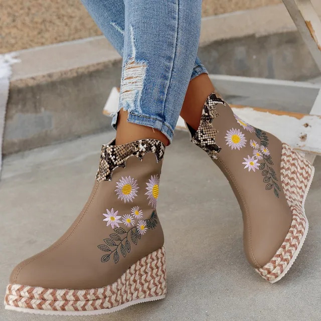 Autumn And Winter Thick Bottom Wedge Embroidered Retro Leisure Boots Apricot - Shop at LoveMi