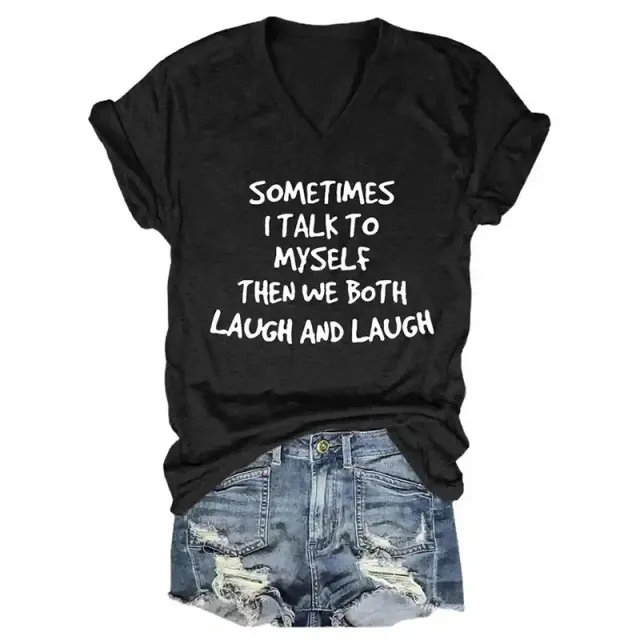 English TIMES Printed T shirt Women's V neck Top Black - Shop at LoveMi