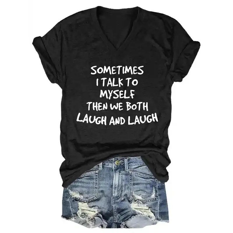 English TIMES Printed T-shirt Women's V-neck Top - Black