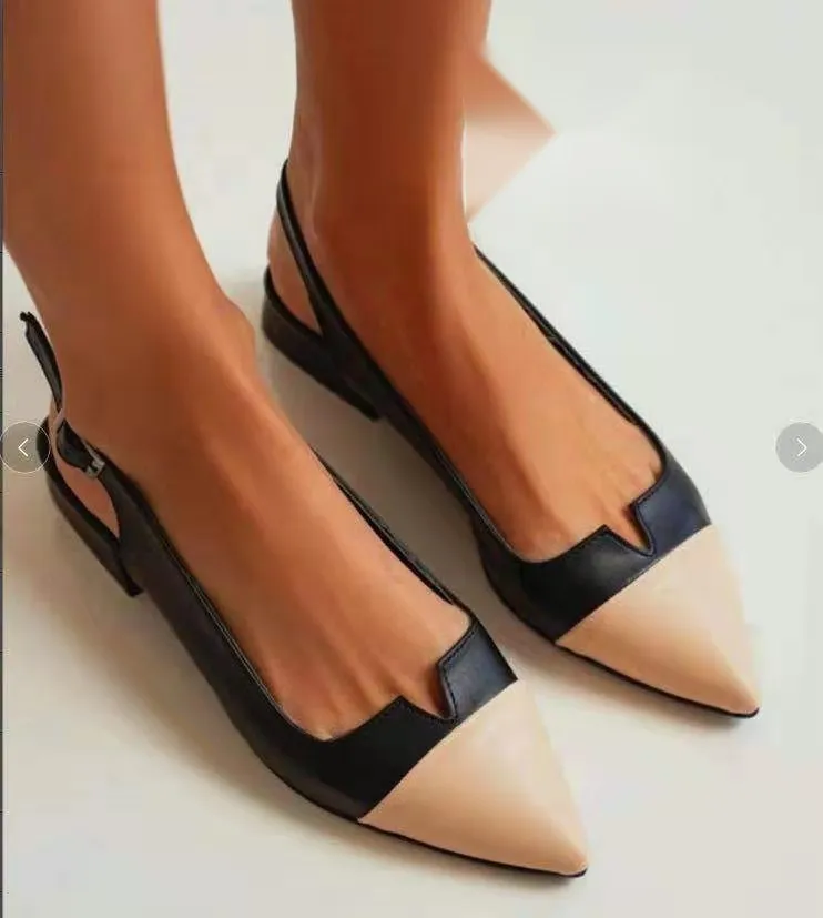Spring Summer New Women's Shoes Pointed Flat Bottom Pumps Colour Matching Low Heel Shoes - Black