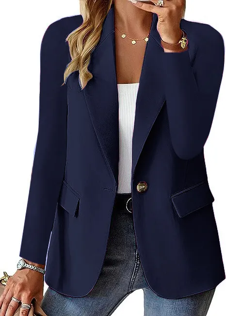 Fashion Casual Women Blazer Long sleeved Solid Color Casual Cardigan Small Suit Jacket For Women Elegant Office Lady Outerwear Dark Blue - Shop at LoveMi