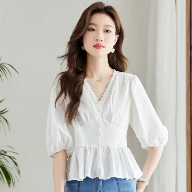 Short sleeved Shirt Women's Summer Top Niche V neck White 32219 - Shop at LoveMi