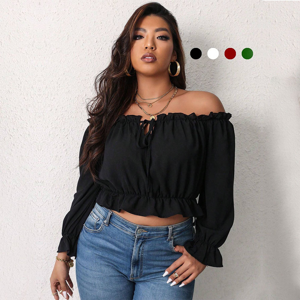AliExpress Foreign Trade Plus Size Women's High Cold Royal Sister Style T-shirt Autumn and Winter One-shoulder Off-the-shoulder Slim Fit Short Top