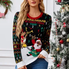 Elk Jacquard Santa Claus Knitted Sweater - Black Christmas Sweater - View 1