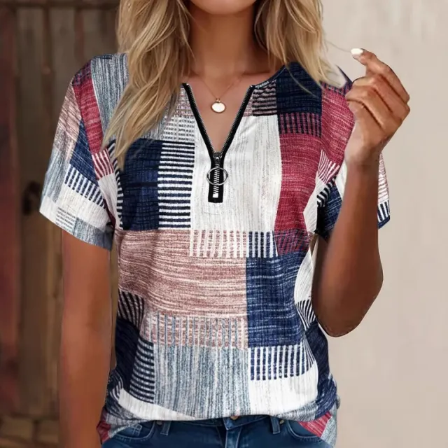 Sale Women's Casual Contrast Color Zipper Short Sleeve Round Neck Red And White Stitching - Shop at LoveMi