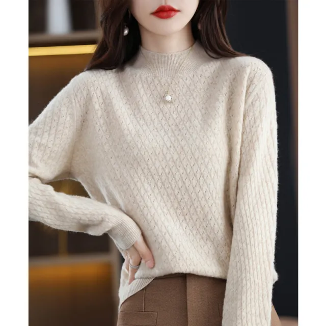 100 Pure Wool Women's Half Turtleneck Knitted Bottoming Shirt Sweater Raw Velvet Rice - Shop at LoveMi