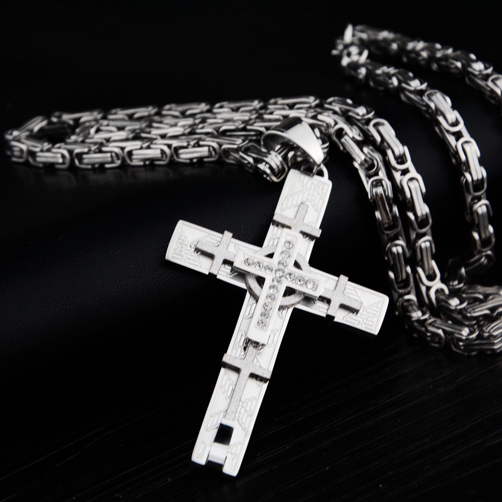 Men's Creative National Fashion Personality Multi-layer Cross Jeweled Pendant Titanium Steel Necklace