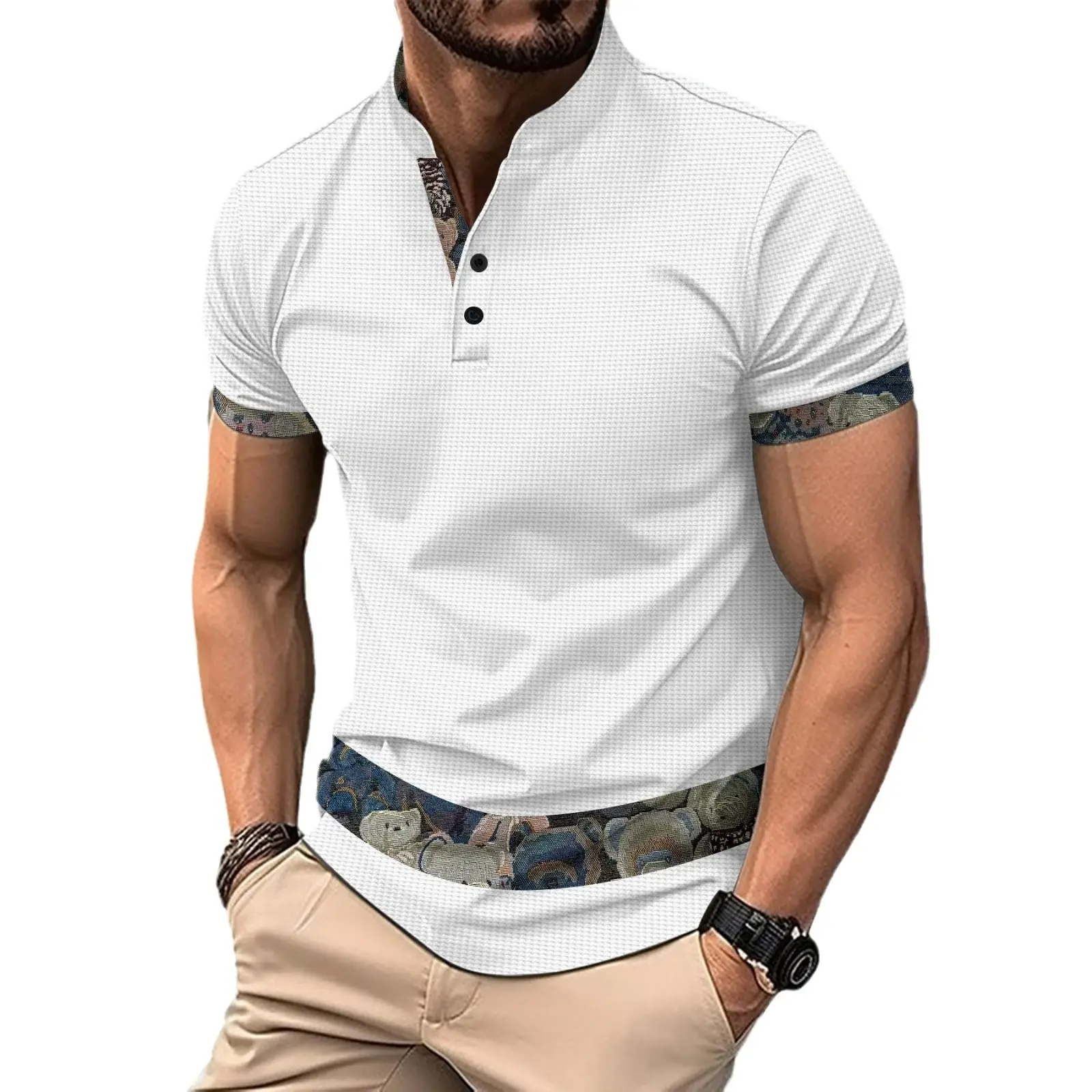 Color Stitching Stand-collar Short Sleeve Button Fashion