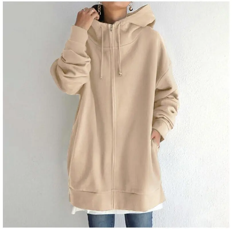 Zipper Hooded Long Velvet Lining Sweater - Khaki