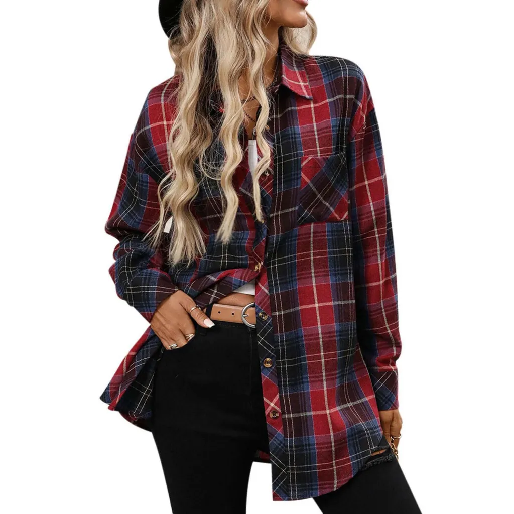 Women's Long Sleeve Retro Versatile Style Stylish Shirt - Black And Red