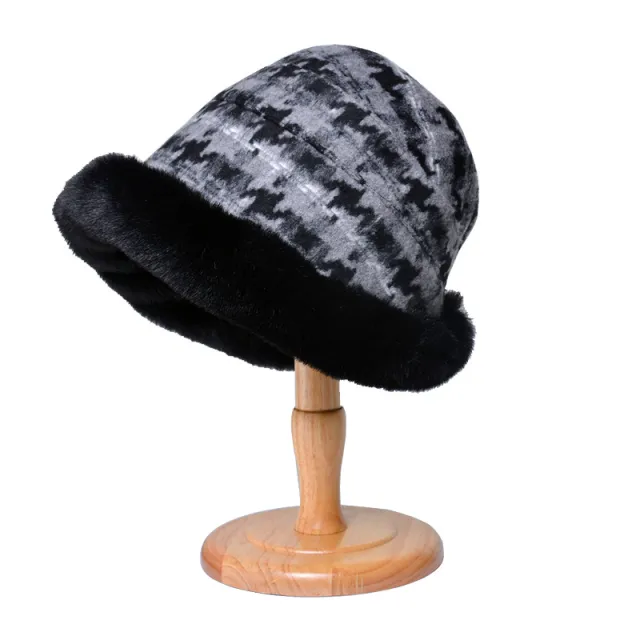 Houndstooth Ethnic Style Warm Thickened Bucket Hat Black - Shop at LoveMi