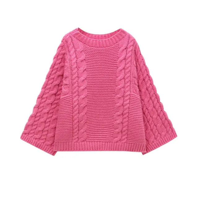 Twist Texture Round Neck Pullover Large Sleeves Sweater Rose Red - Shop at LoveMi