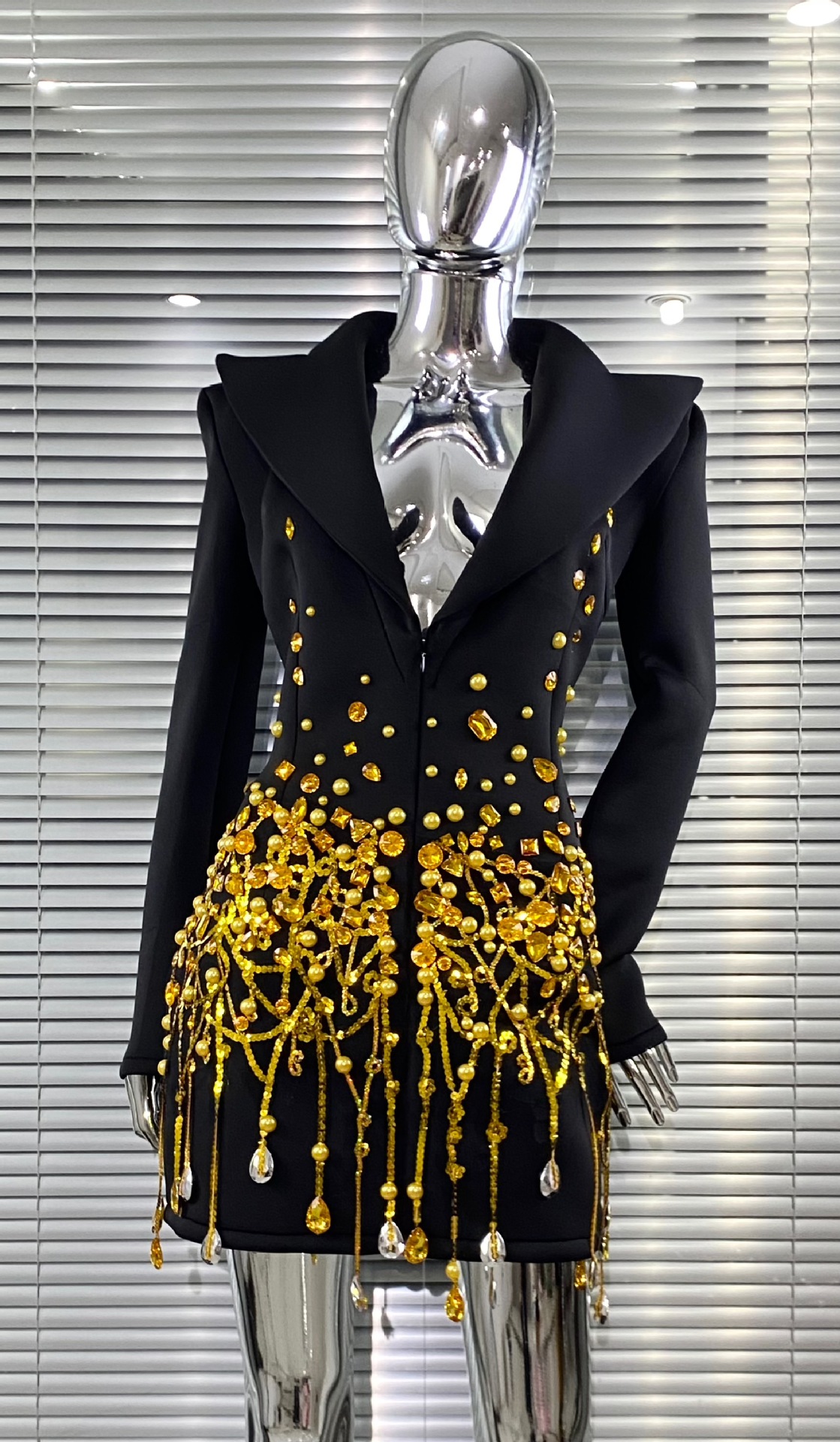 Luxury Rhinestone Sequins Pearl Sexy Low Cut Business Suit And Dress Black - Shop at LoveMi