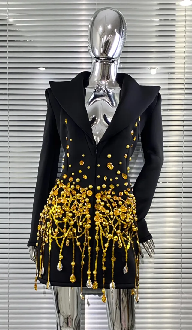 Luxury Rhinestone Sequins Pearl Sexy Low Cut Business Suit And Dress Black - Shop at LoveMi
