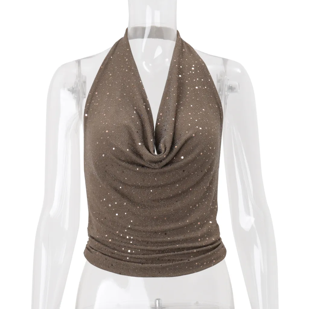 Resort-style Cropped Halter Top With Sparkling Rhinestones - Khaki