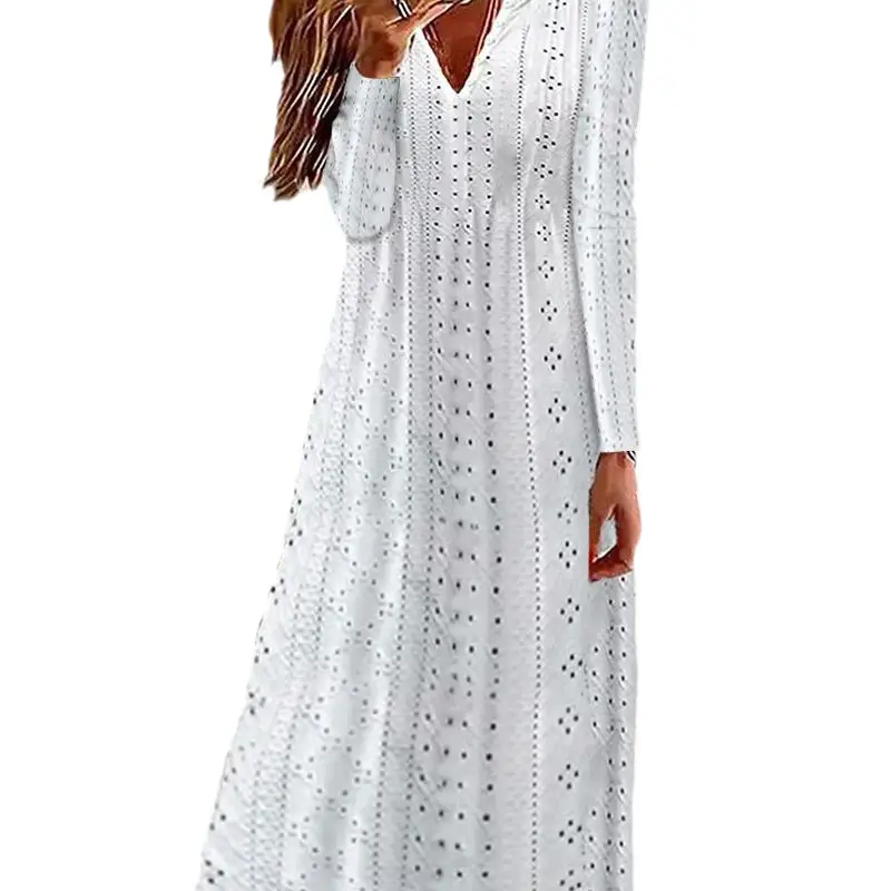 Women's Hollow Jacquard V-neck Long Sleeve Loose Solid Color Dress
