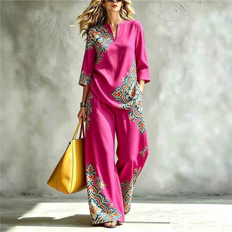 Womens Casual V-neck Three-quarter-sleeve Set With Collar