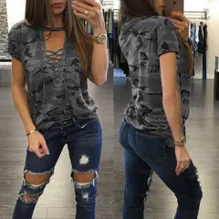 Camouflage Deep V-neck Low Cut Lace-up Short Sleeve Women's Top T-shirt - Grey - View 1