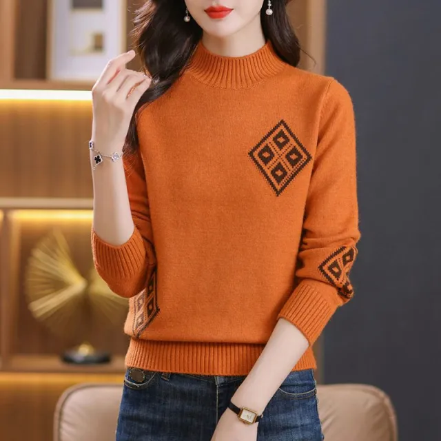 Winter Mock Neck Sweater Women's Western Style Top Plaid Colorblock Knitted Orange - Shop at LoveMi