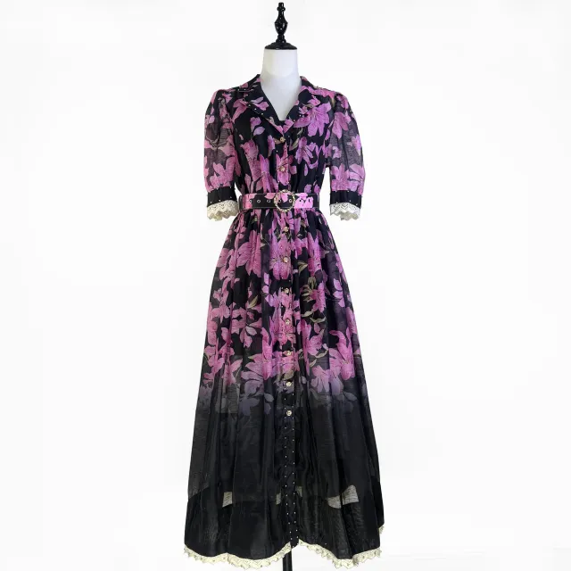 Lace Ruffled Short Sleeves Printed Style Dress Black - Shop at LoveMi